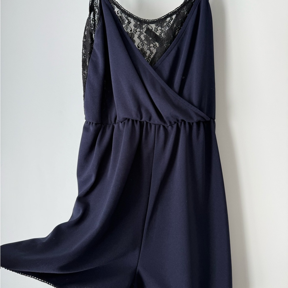 Divided Navy Chemise with Black Lace Detail